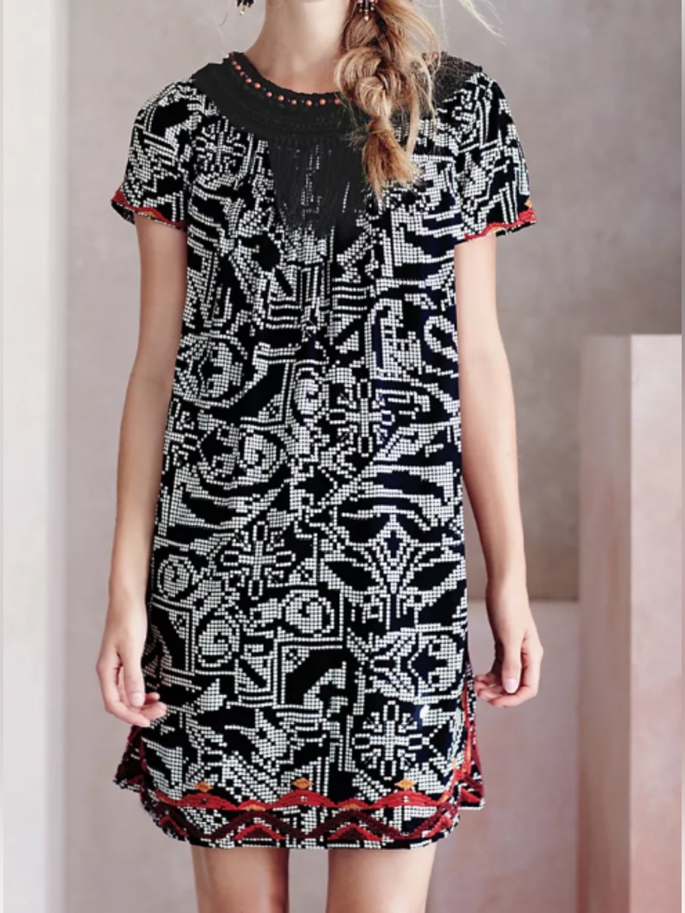 Anthropologie Floreat Abelia Embroidered Beaded Fringe Aztec Dress XS